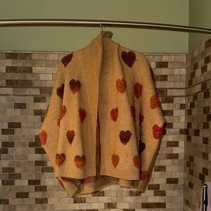 Anthropologie Tan Sweater with Red and Brown Hearts